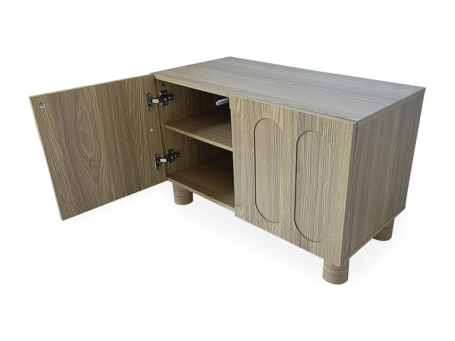 Petit buffet rétro-moderne avec portes sculptées Durand L80cm Chêne grisé