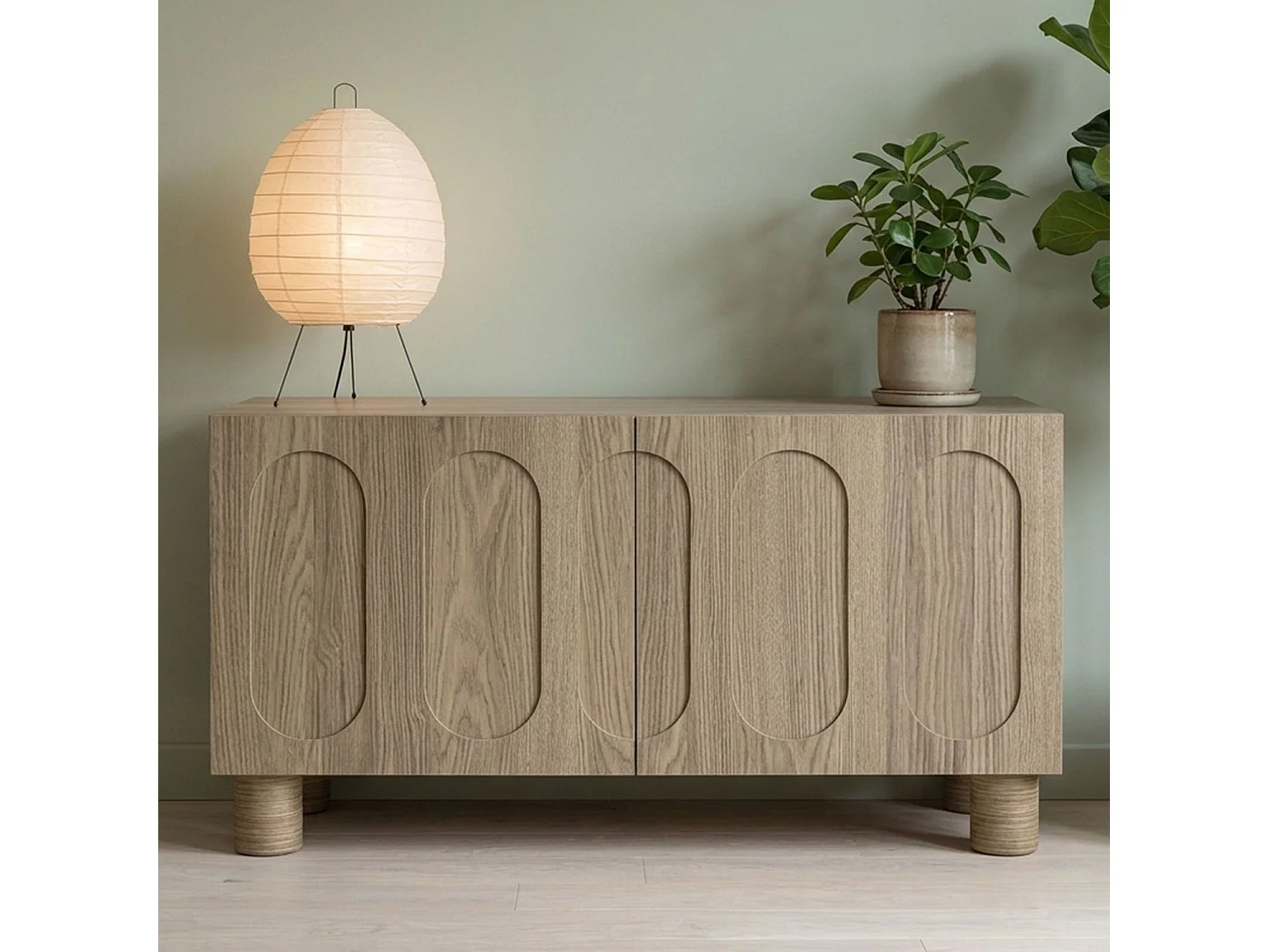 Petit buffet rétro-moderne avec portes sculptées Durand L80cm Chêne grisé