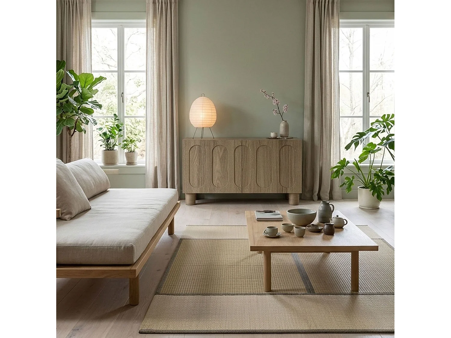 Petit buffet rétro-moderne avec portes sculptées Durand L80cm Chêne grisé