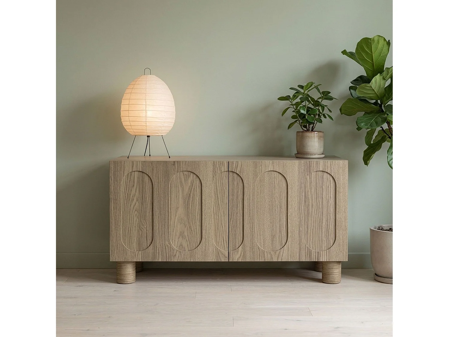 Petit buffet rétro-moderne avec portes sculptées Durand L80cm Chêne grisé