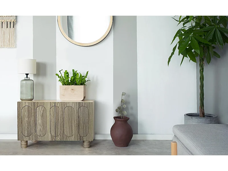 Petit buffet rétro-moderne avec portes sculptées Durand L80cm Chêne grisé