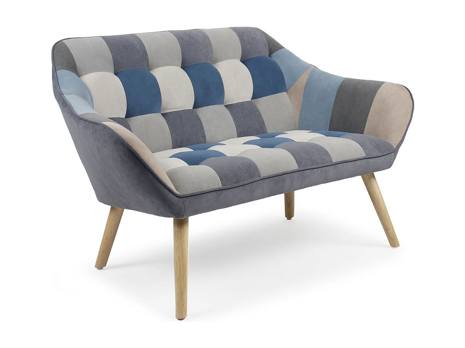 Canapé 2 places Scandinave Zentao effet patchwork Velours Gris et bleu