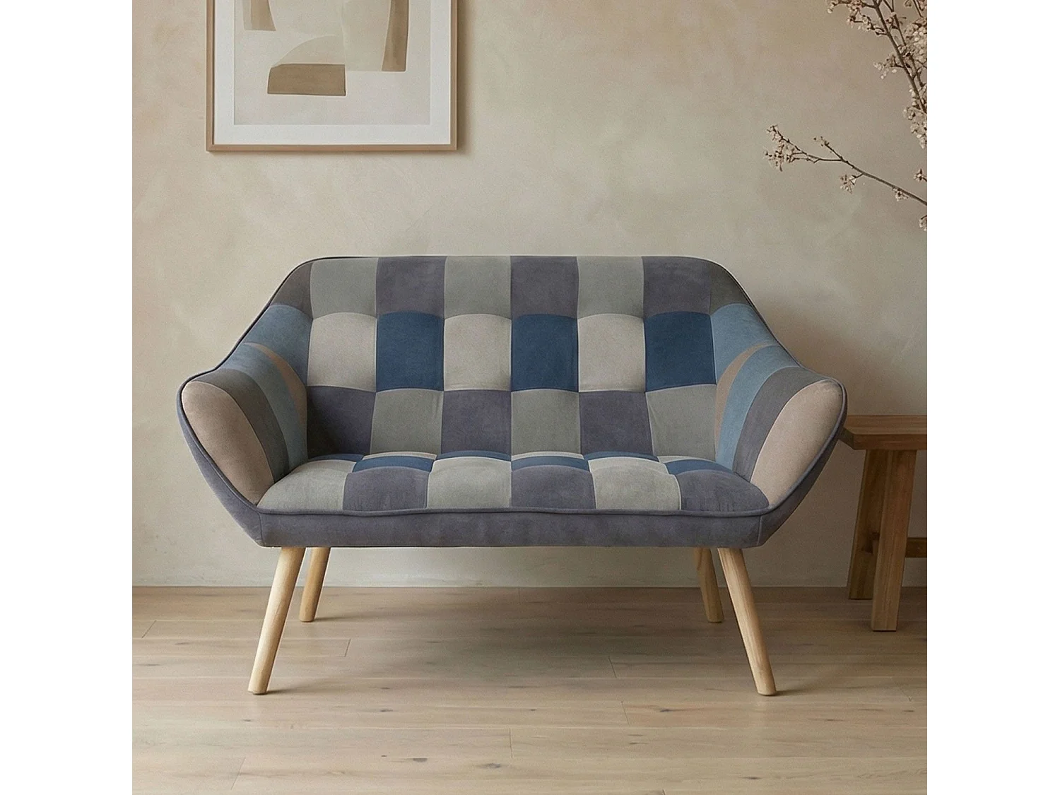 Canapé 2 places Scandinave Zentao effet patchwork Velours Gris et bleu