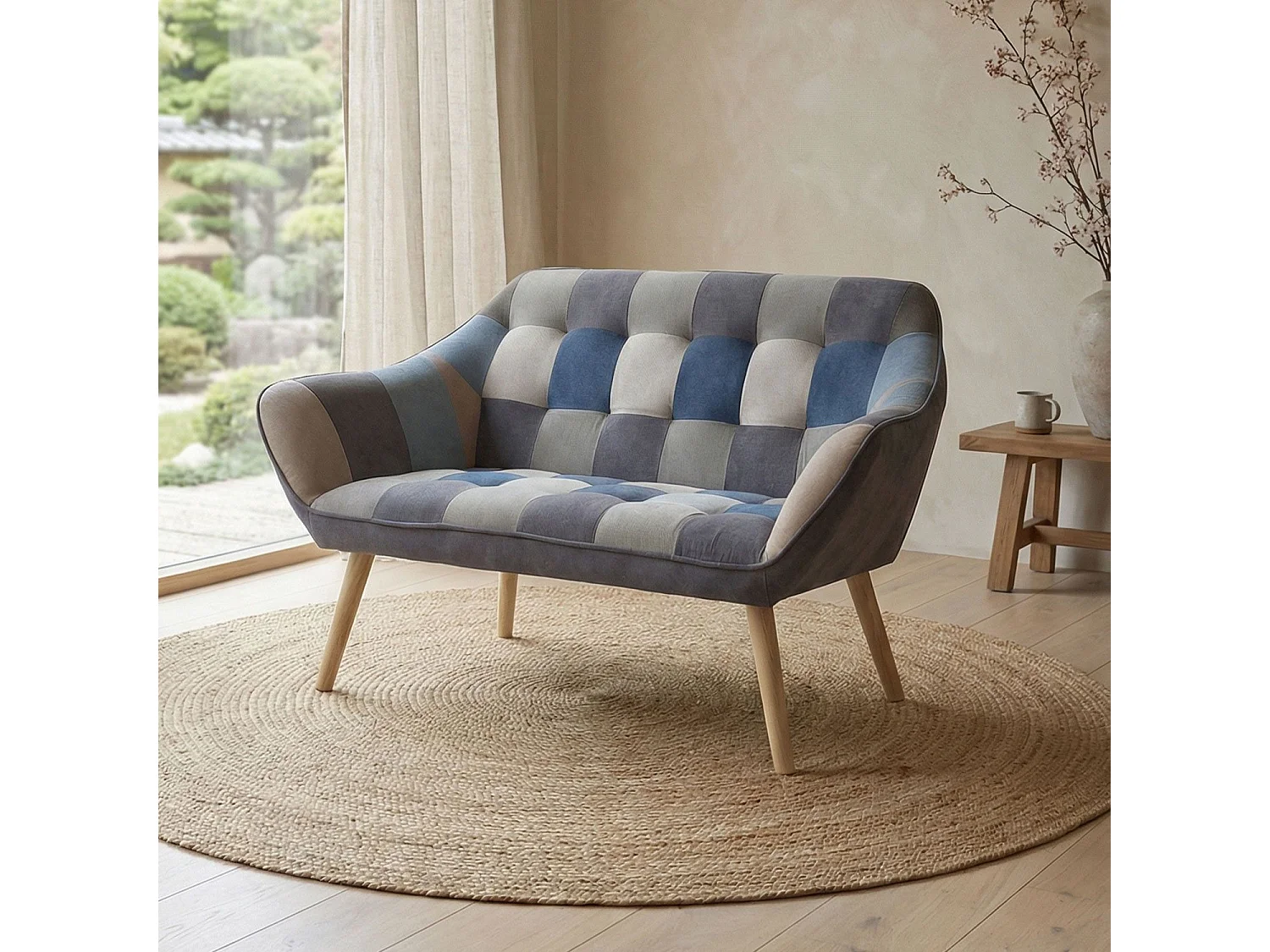 Canapé 2 places Scandinave Zentao effet patchwork Velours Gris et bleu