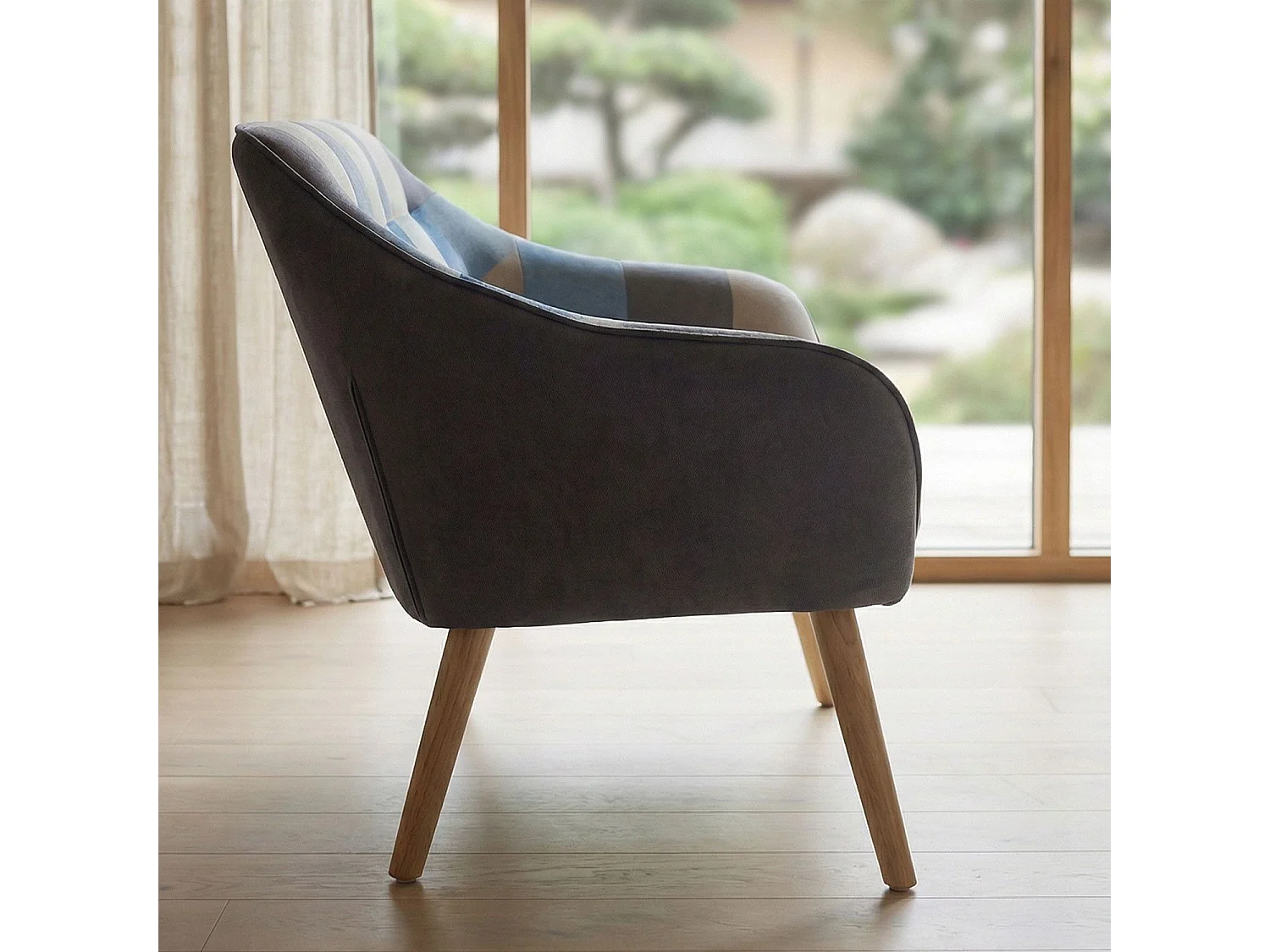 Canapé 2 places Scandinave Zentao effet patchwork Velours Gris et bleu