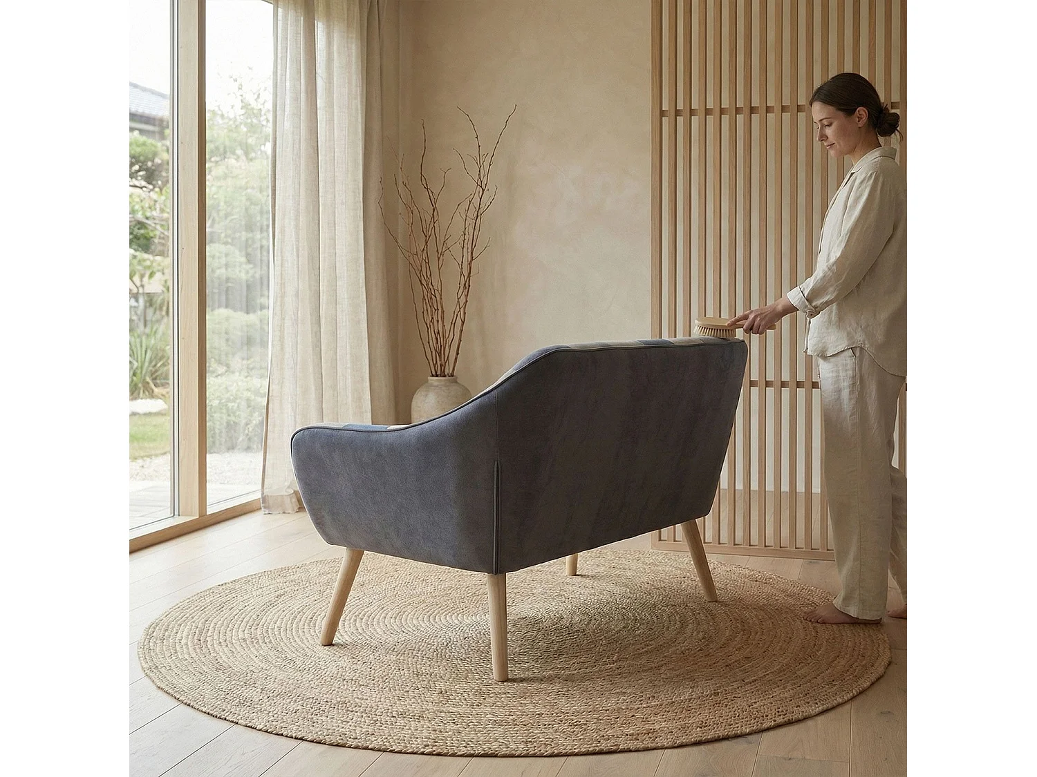 Canapé 2 places Scandinave Zentao effet patchwork Velours Gris et bleu