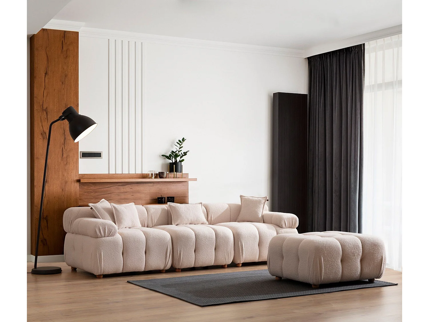 Canapé 3 places modulable avec pouf Nour Lin bouclette Blanc crème