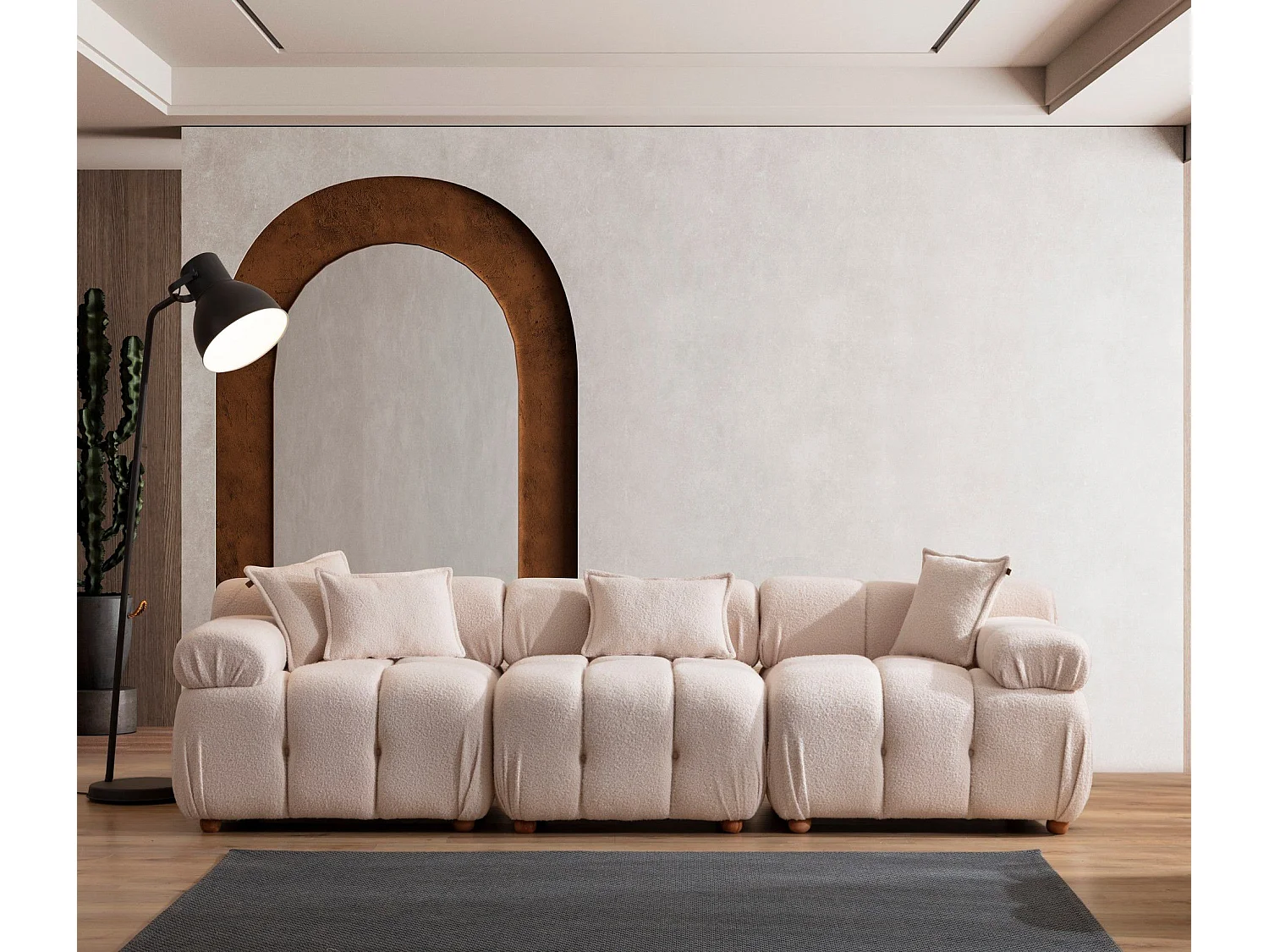 Canapé 3 places modulable avec pouf Nour Lin bouclette Blanc crème