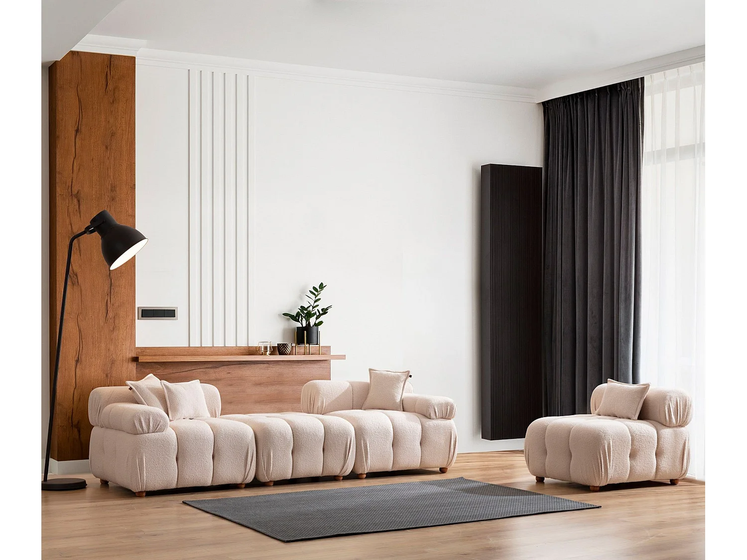 Canapé 3 places modulable avec pouf Nour Lin bouclette Blanc crème