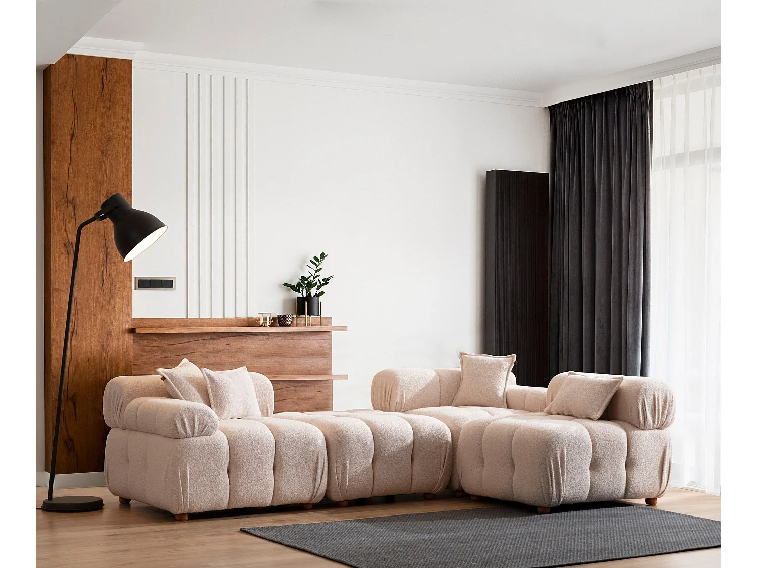 Canapé 3 places modulable avec pouf Nour Lin bouclette Blanc crème