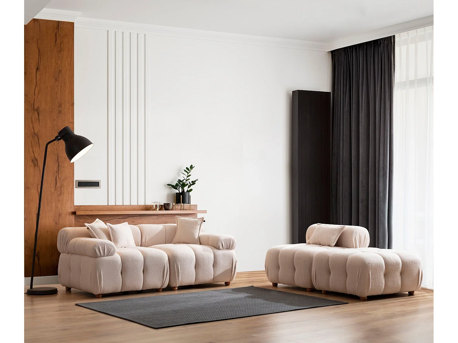 Canapé 3 places modulable avec pouf Nour Lin bouclette Blanc crème