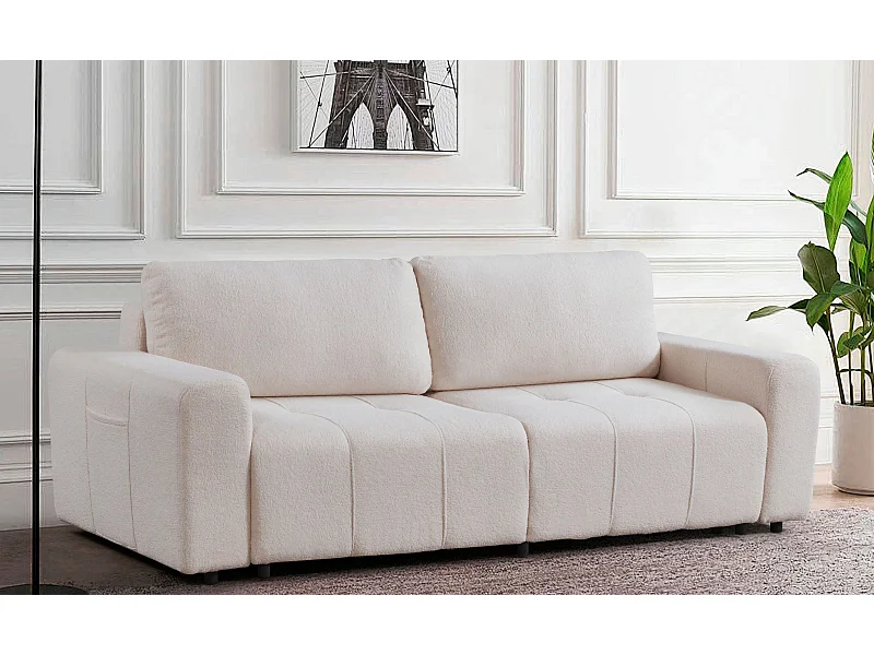 Canapé convertible 3 places Cloudy Tissu bouclette Crème