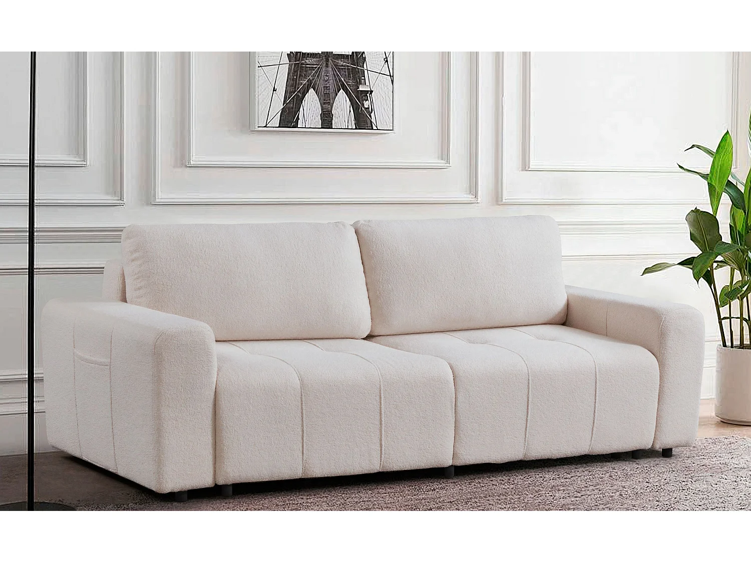 Canapé convertible 3 places Cloudy Tissu bouclette Crème
