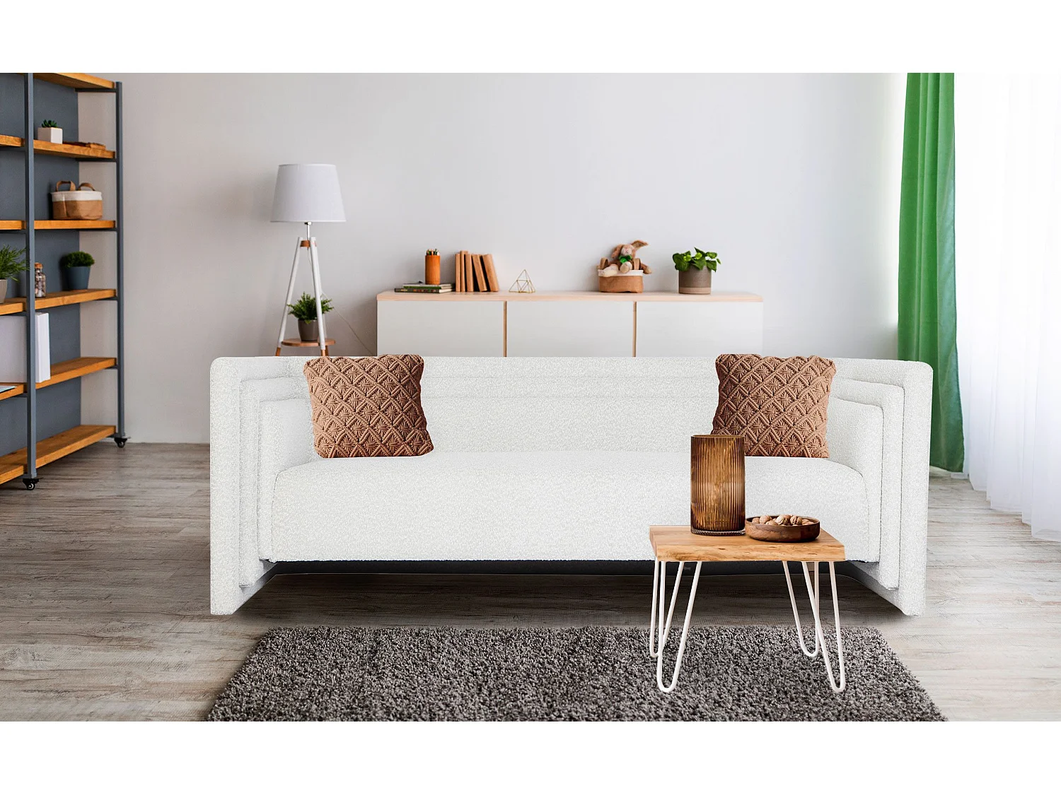 Moderne 3-Sitzer Sofa im Kubistischen Stil Fredonia aus Bouclé-Stoff in Cremefarben