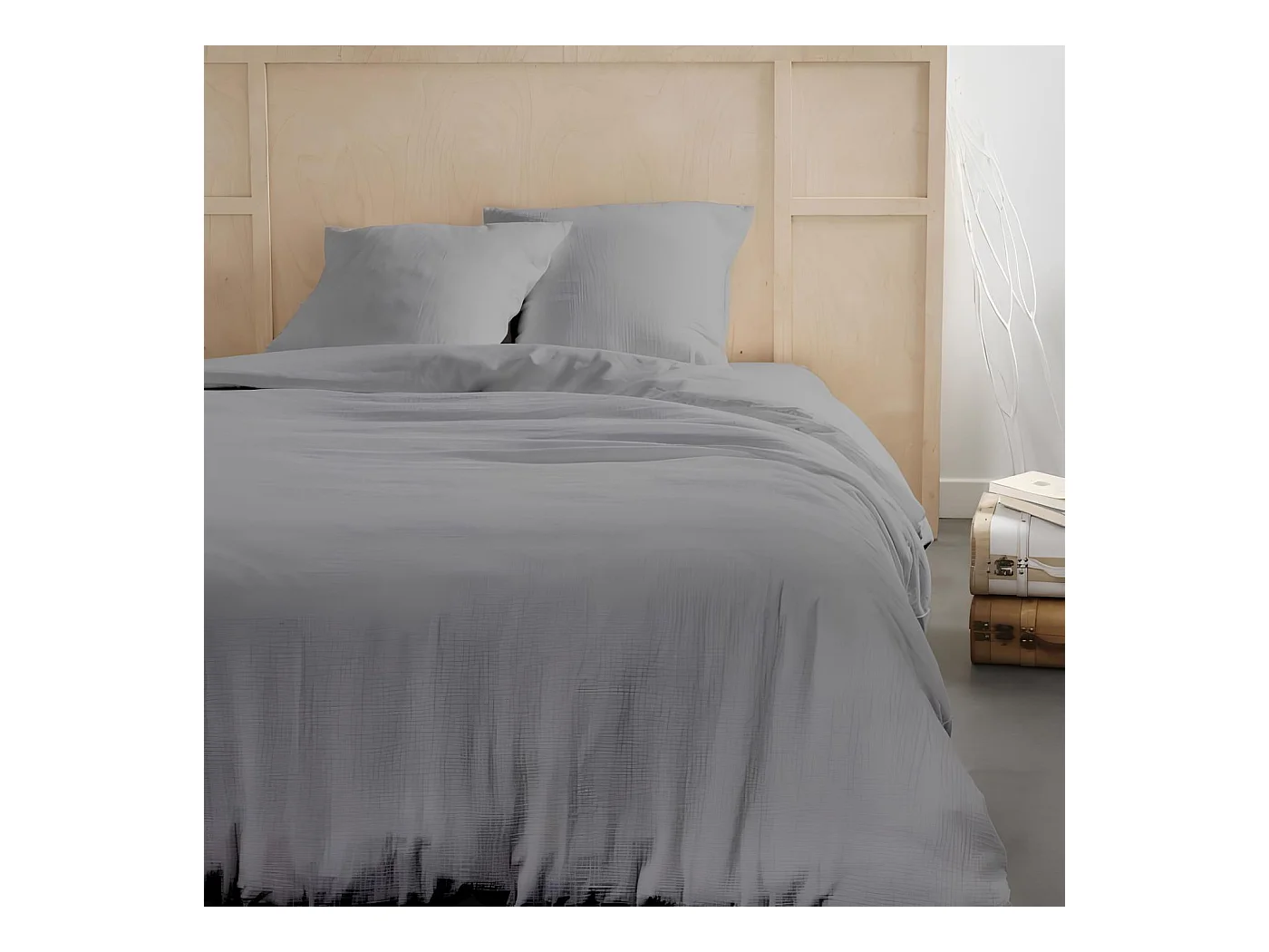 Parure de lit 2 personnes en gaze de coton uni, 260x240 cm, coloris acier, Today