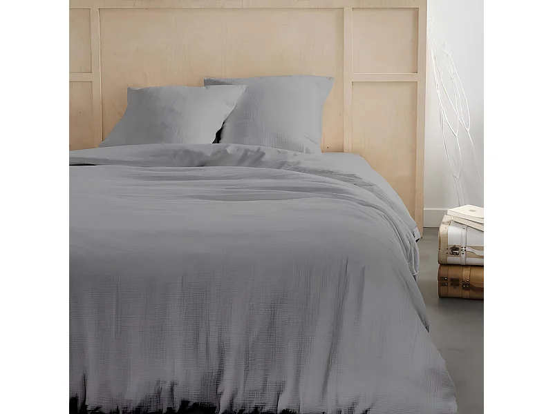 Parure de lit 2 personnes en gaze de coton uni, 260x240 cm, coloris acier, Today