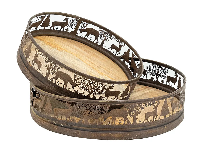 Plateaux en métal doré antique  et manguier Cerf et Biche