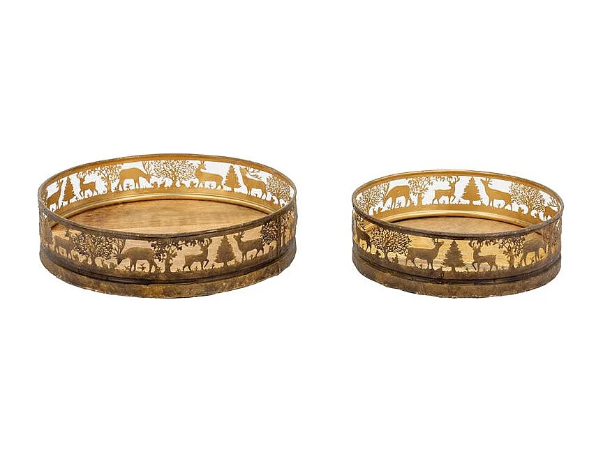 Plateaux en métal doré antique  et manguier Cerf et Biche