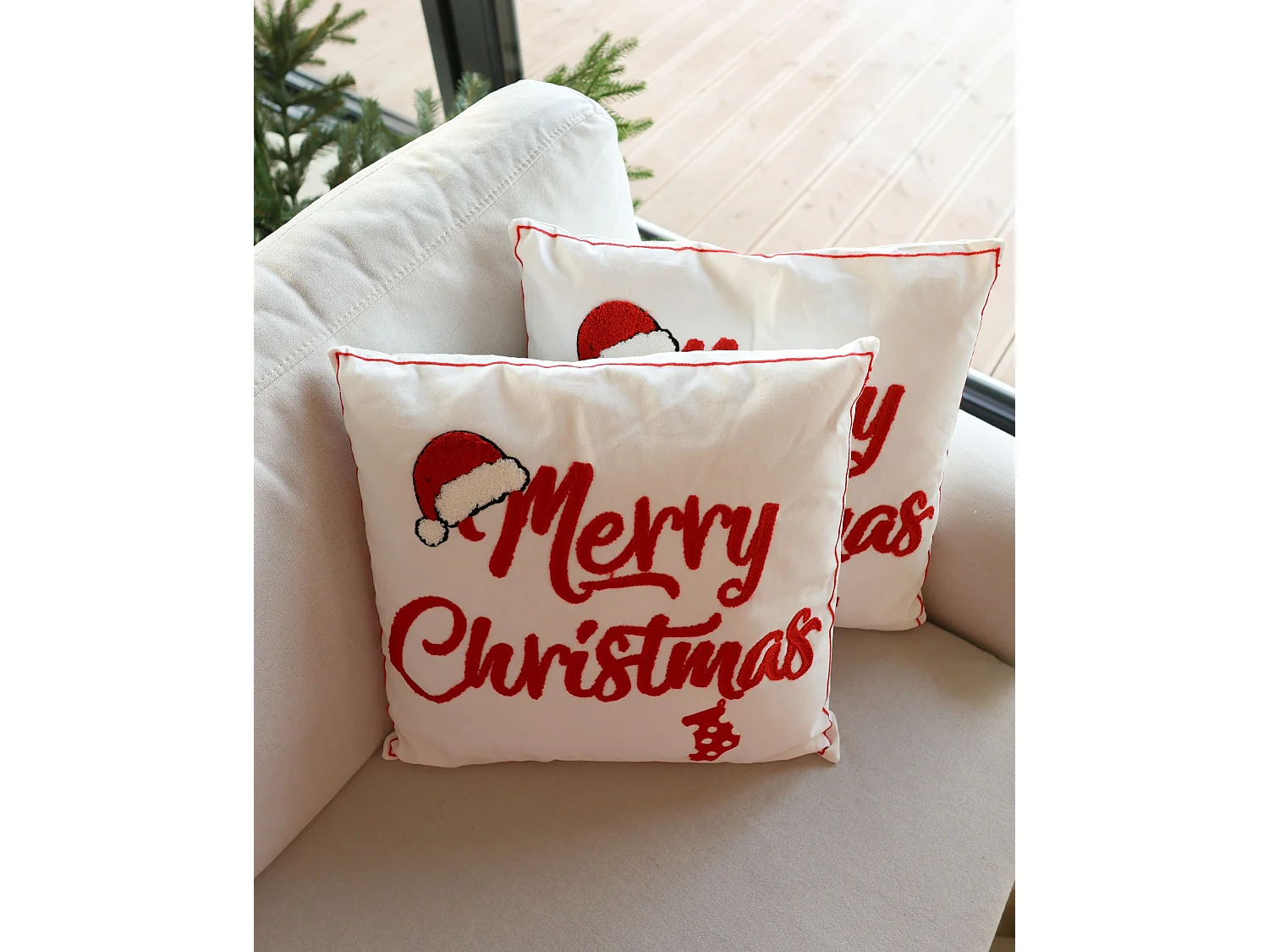 Dekokissen 2er Set PIZZELLE Baumwolle 45 x 45 cm Cremeweiss Weihnachtsmotiv