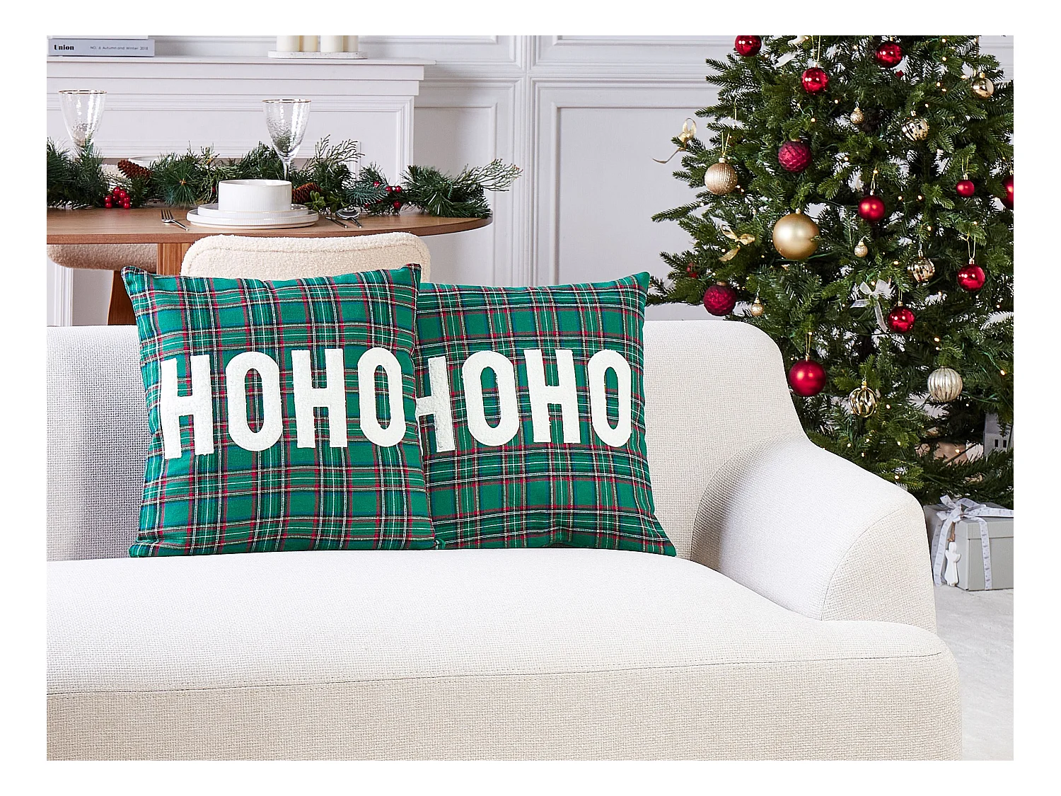 Dekokissen 2er Set Tartanmuster grün 45 x 45 cm für Weihnachten Joycandy