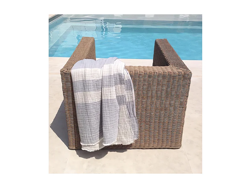 Plaid 150x200 cm en coton gaufré PIENZA naturel et eau de bleu, par Toison d'or