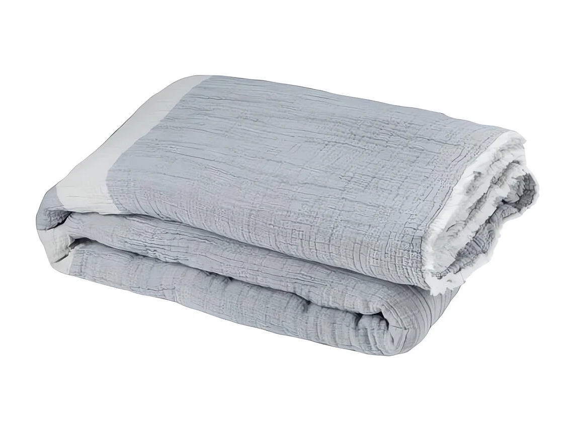 Plaid 150x200 cm en coton gaufré PIENZA naturel et eau de bleu, par Toison d'or