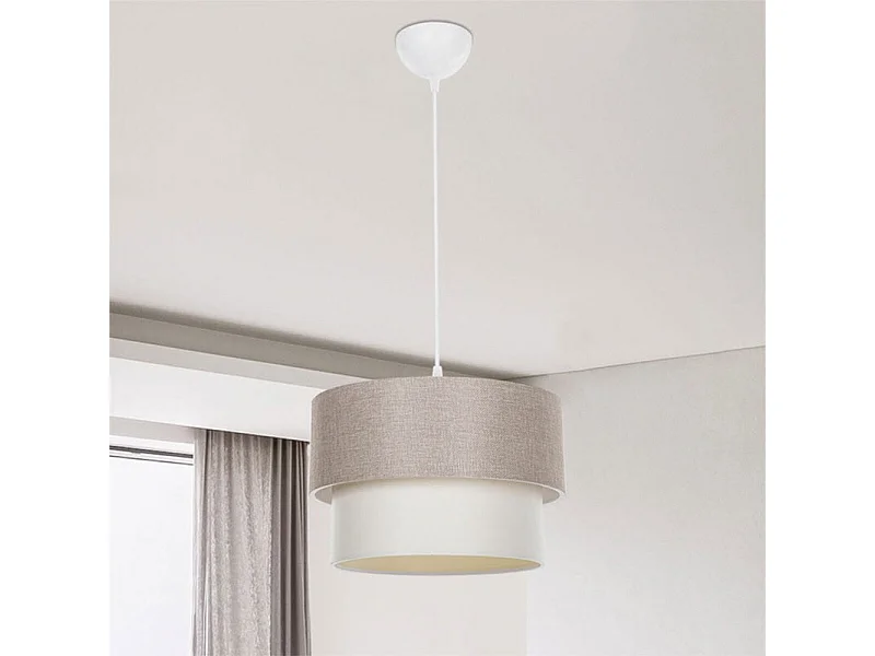 Lampadario Sospensione E27 Beige D30x72 Cm In Tessuto PVC