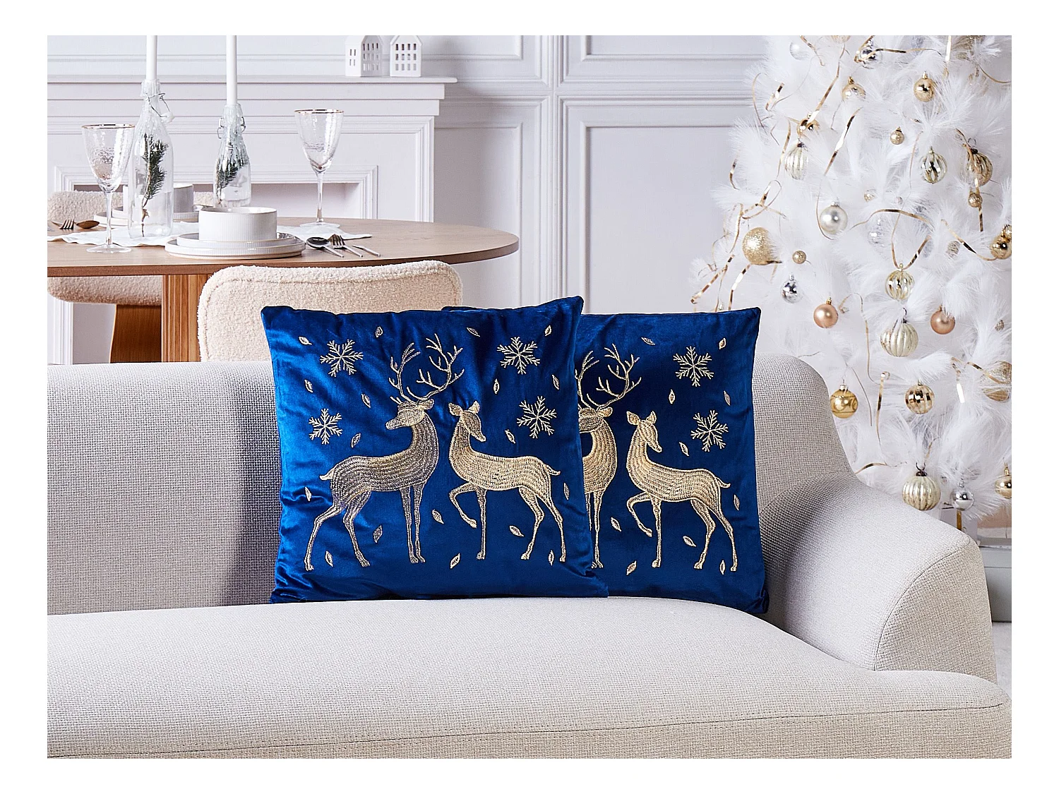 Lot de 2 coussins décoratifs MERINGUE Velours 45 x 45 cm Bleu foncé Motif de Noël