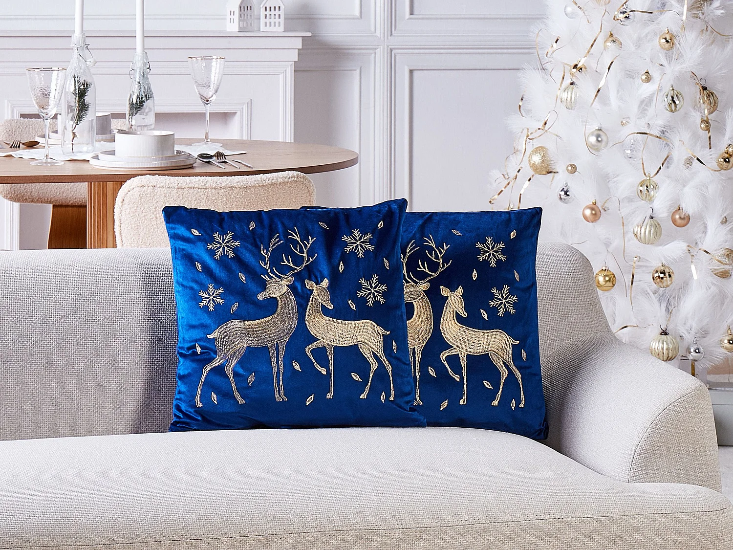 Dekokissen 2er Set Samt blau / gold Weihnachtsmotiv Rentiere 45x45 cm Meringue