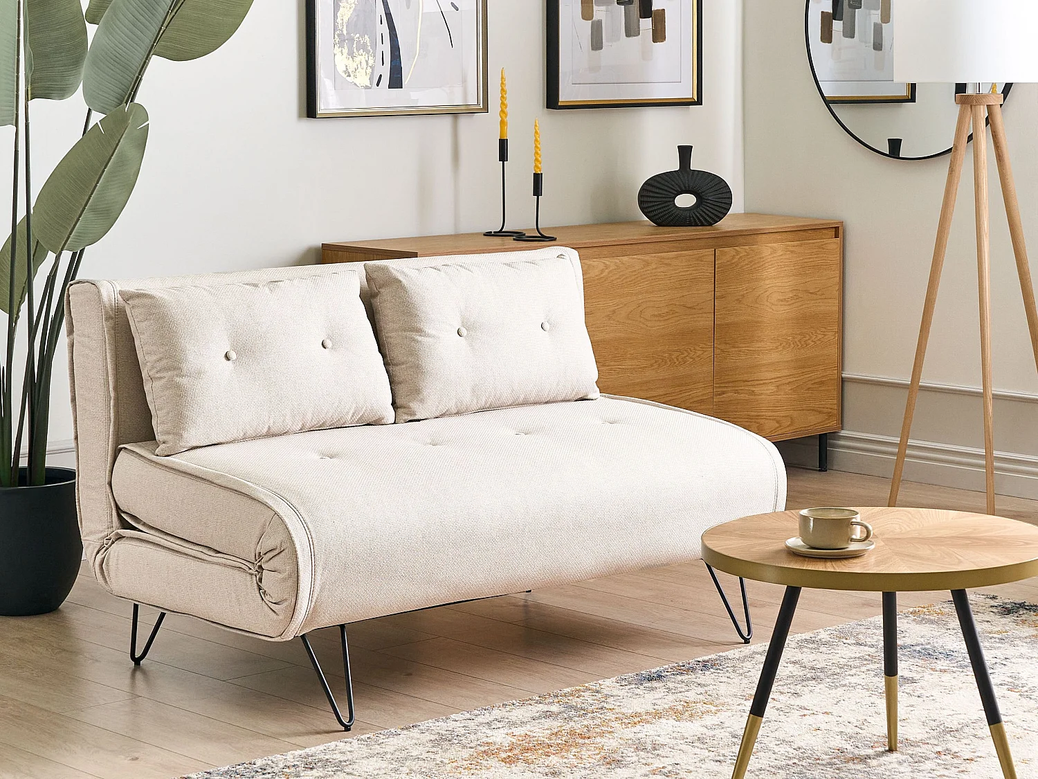 2-Sitzer Sofa Stoffbezug hellbeige mit Schlaffunktion Kissen Metallfüße Vestfold