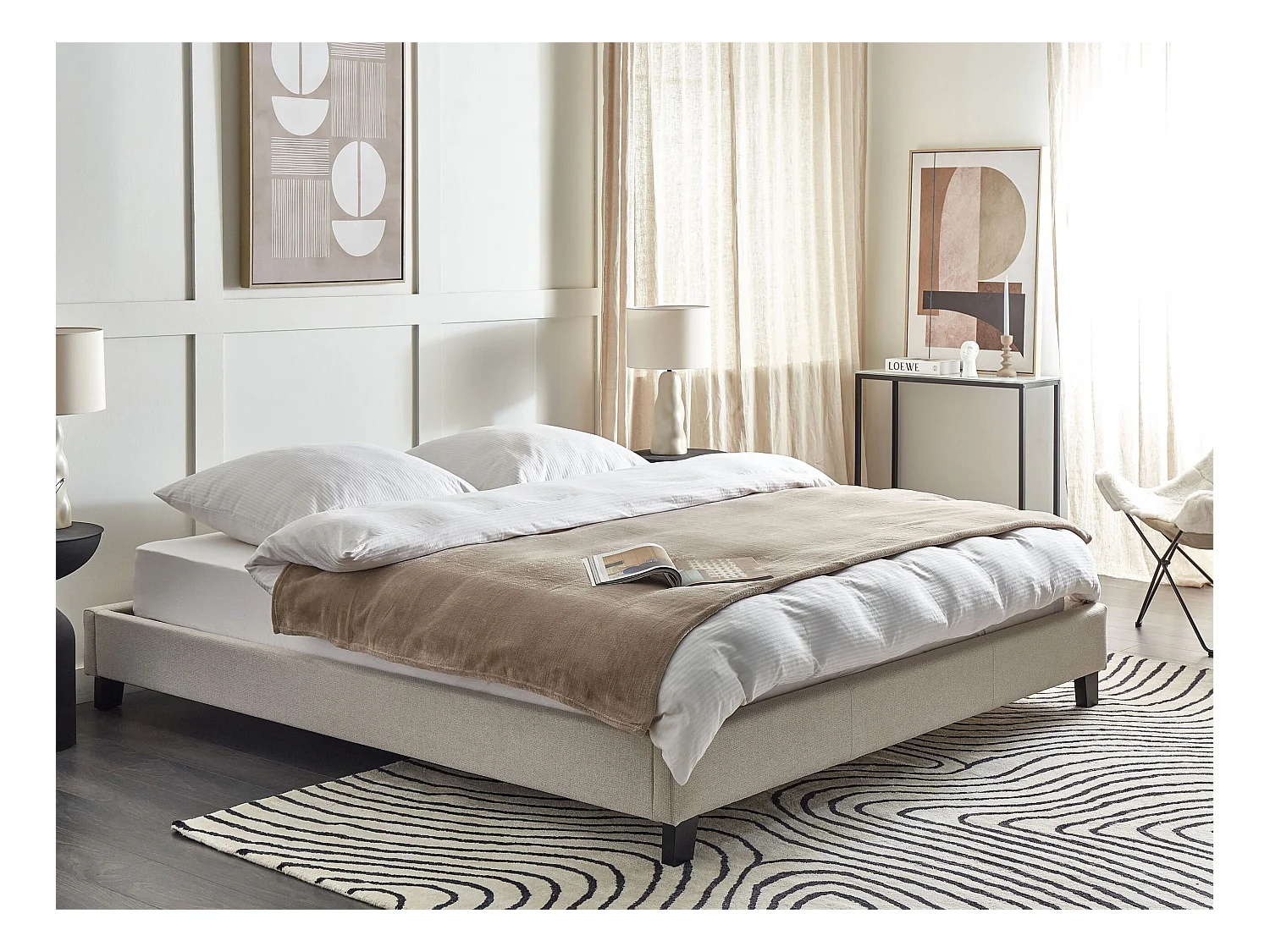 Lit sans tête de lit Tissu ROANNE 180 x 200 cm Beige clair