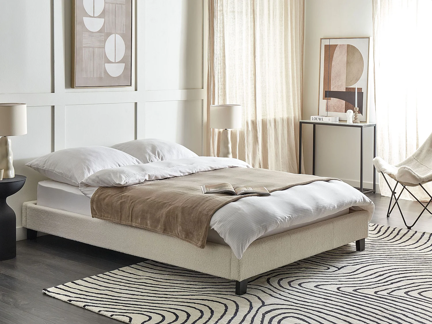 Lit sans tête de lit Bouclé ROANNE 140 x 200 cm Crème