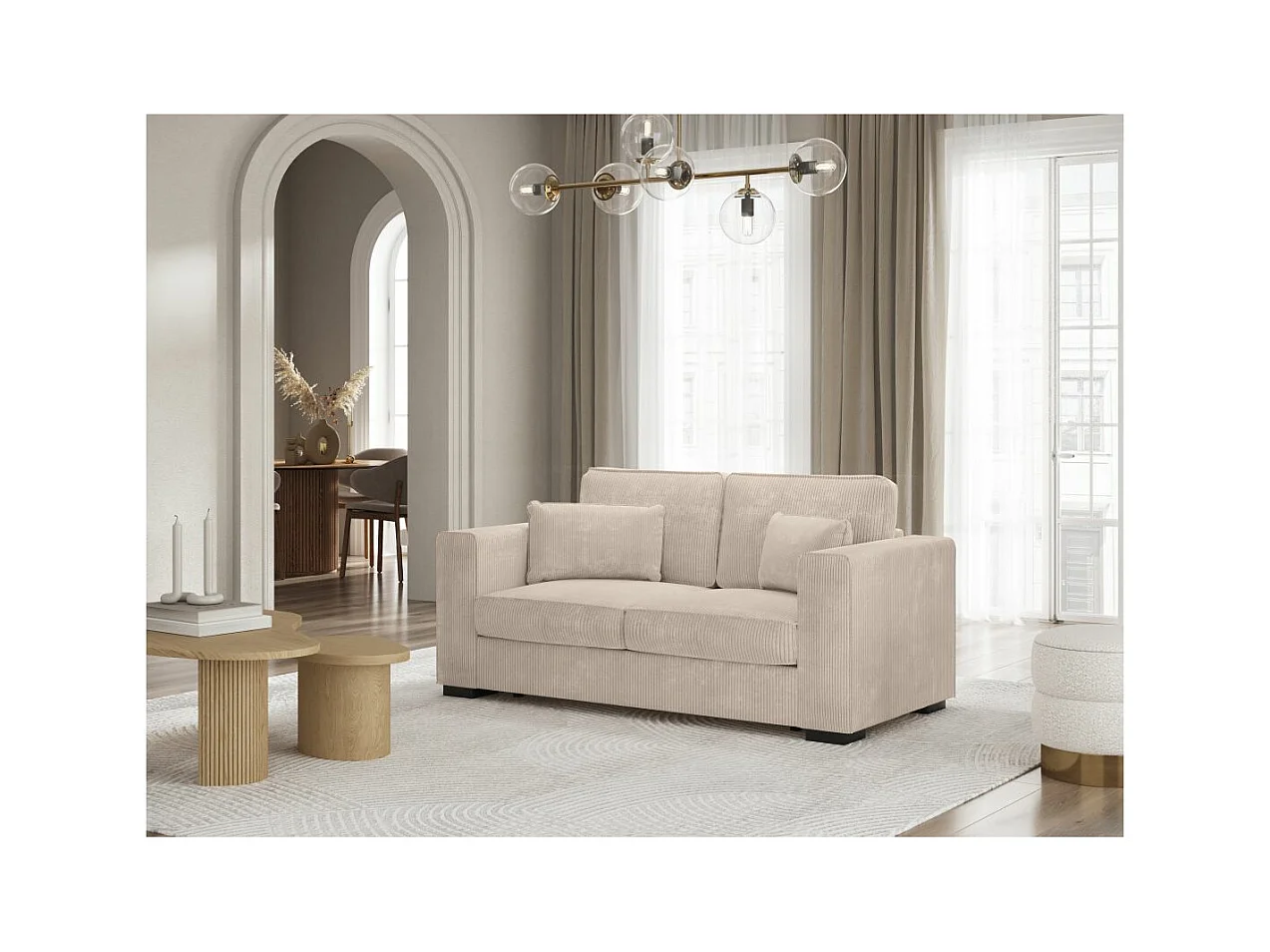 Canapé droit fixe 2 places Belami en velours côtelé - Beige - L181 x P93 x H86cm - Loungitude