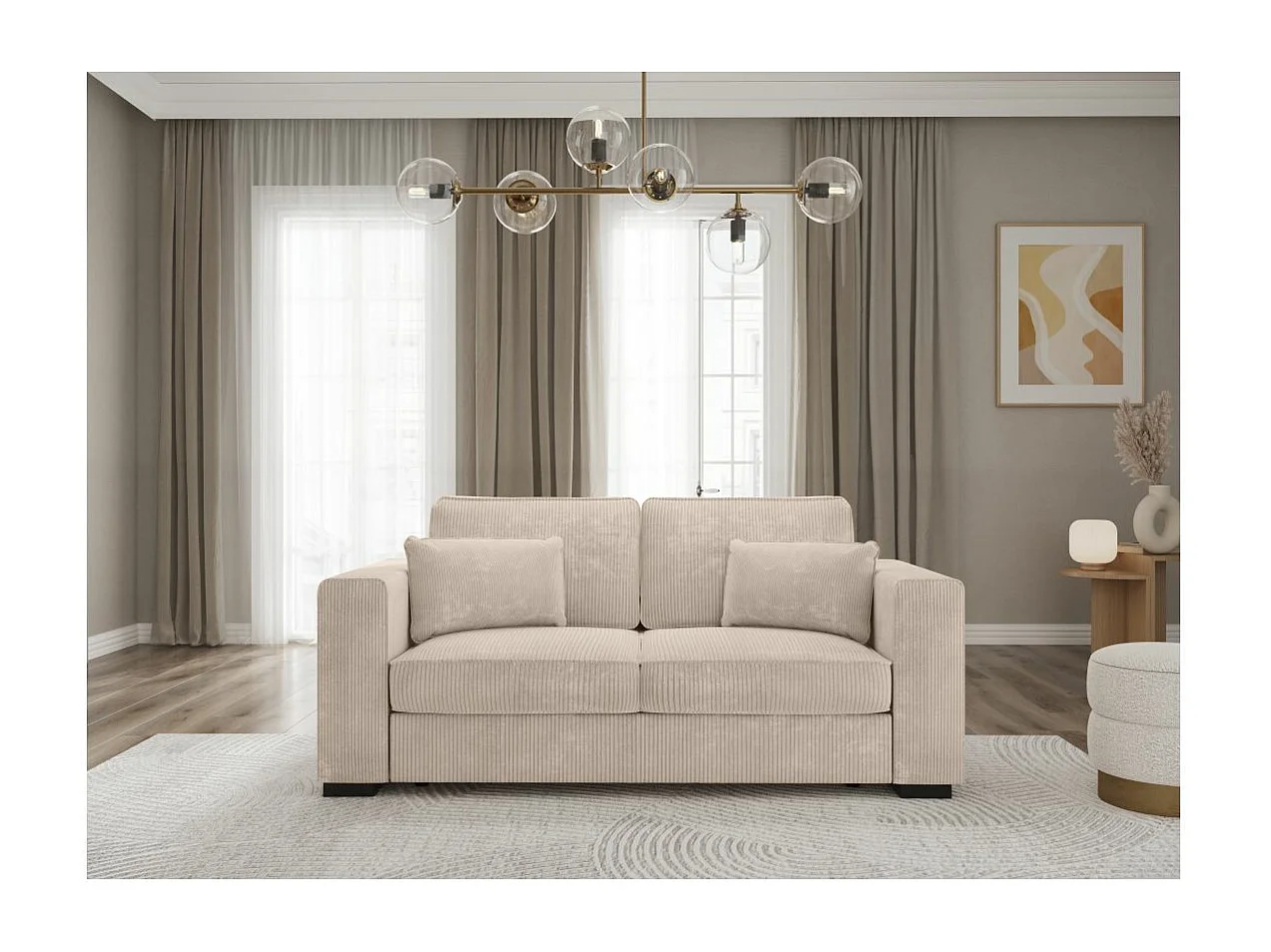 Canapé droit fixe 2 places Belami en velours côtelé - Beige - L181 x P93 x H86cm - Loungitude