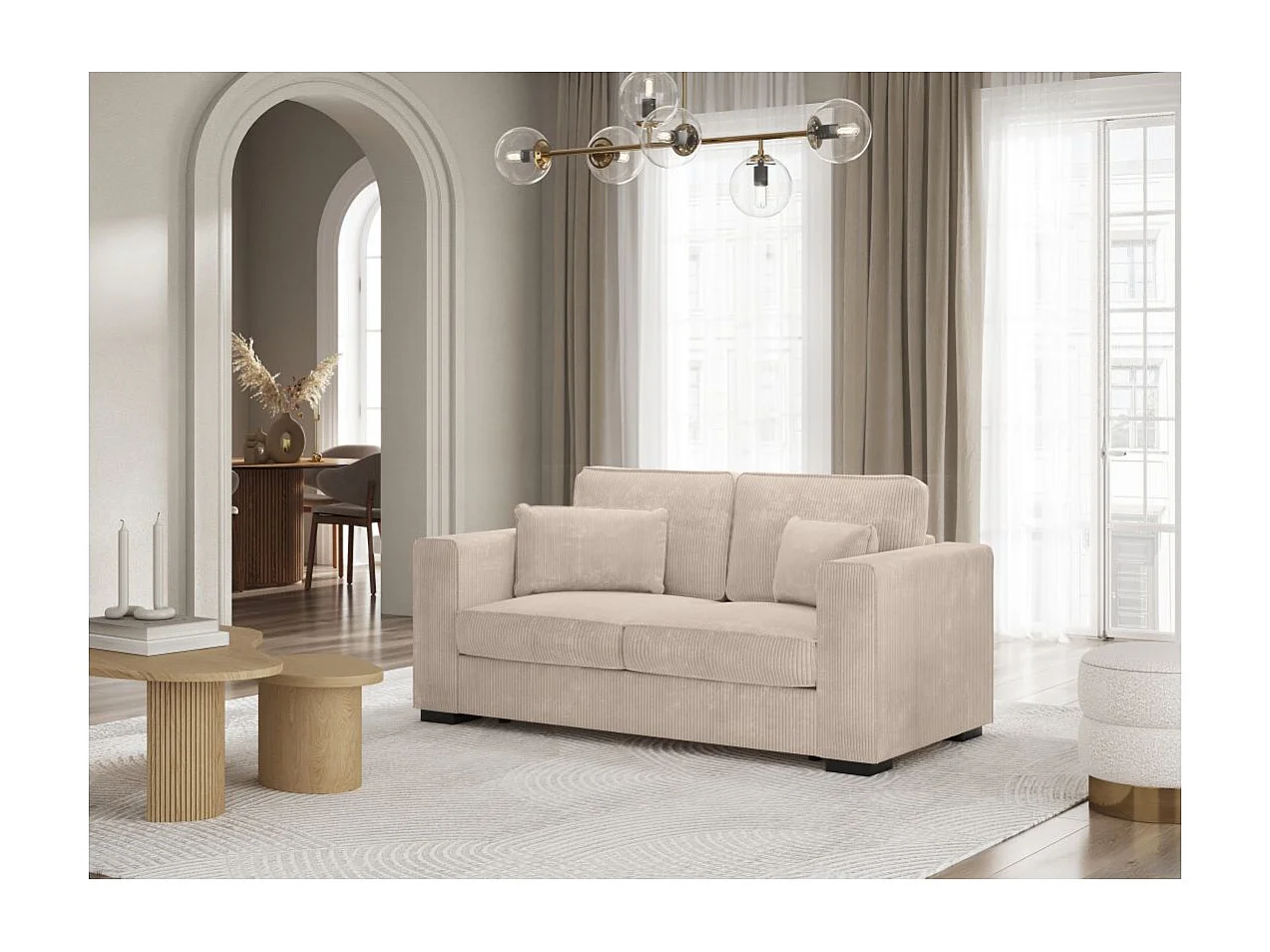 Canapé droit fixe 2 places Belami en velours côtelé - Beige - L181 x P93 x H86cm - Loungitude