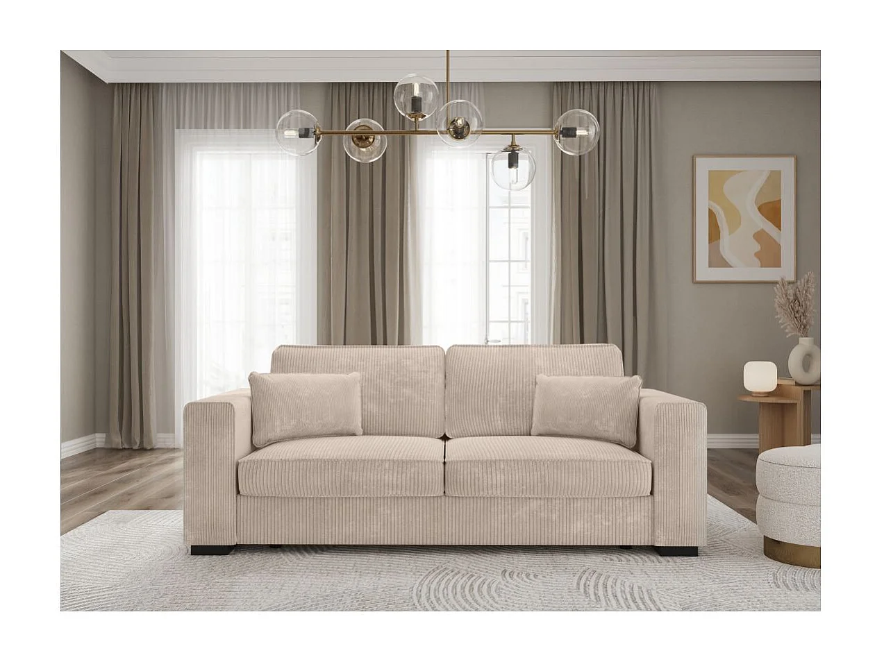 Canapé droit fixe 3 places Belami en velours côtelé - Beige - L231 x P93 x H86cm - Loungitude