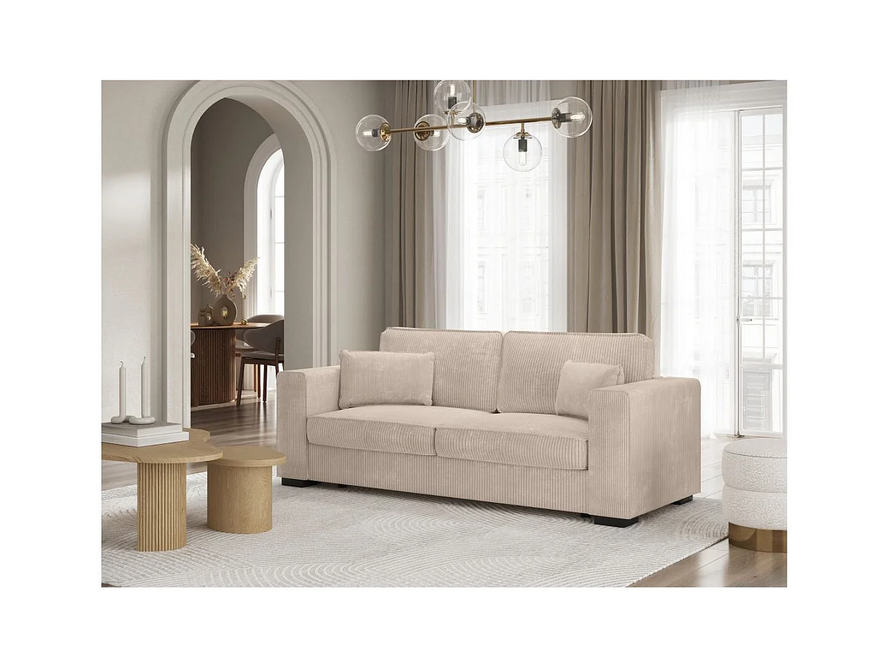 Canapé droit fixe 3 places Belami en velours côtelé - Beige - L231 x P93 x H86cm - Loungitude