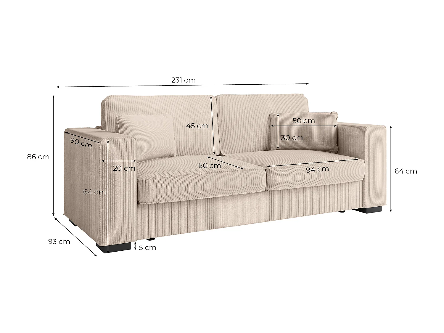 Canapé droit fixe 3 places Belami en velours côtelé - Beige - L231 x P93 x H86cm - Loungitude