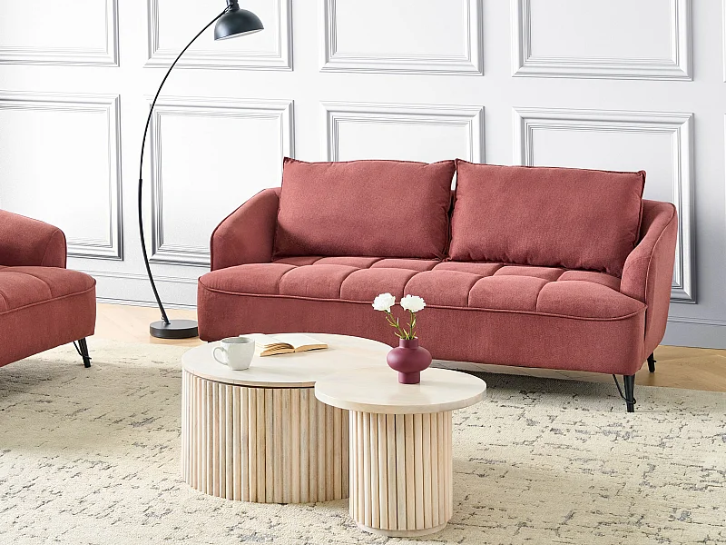 3-Sitzer Sofa Stoff rot gesteppt mit Armlehnen lose Rückenkissen modern Hobro