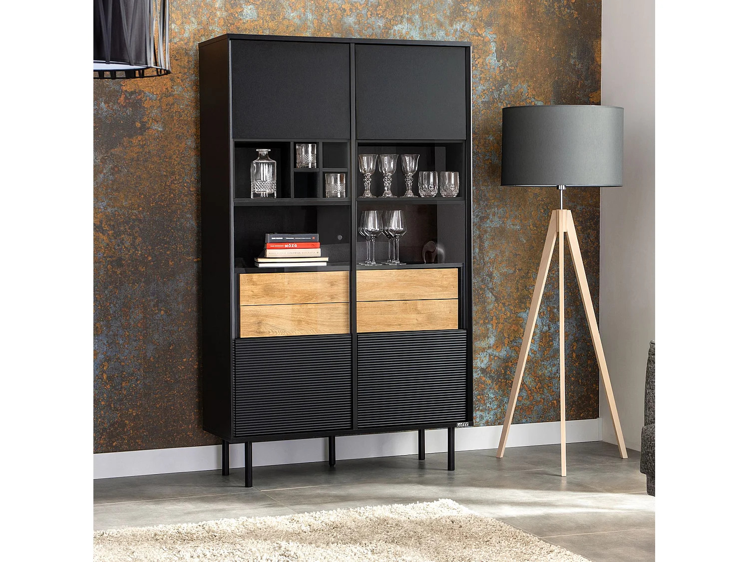 Vitrinenschränk  TV/HiFi-Einlage - schwarz / Eiche natur - LOFTY