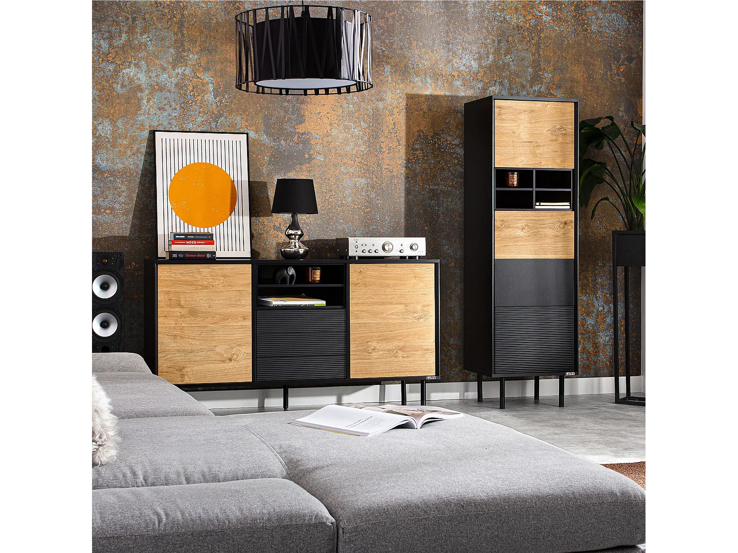 Vitrinenschränk  TV/HiFi-Einlage - schwarz / Eiche natur - LOFTY