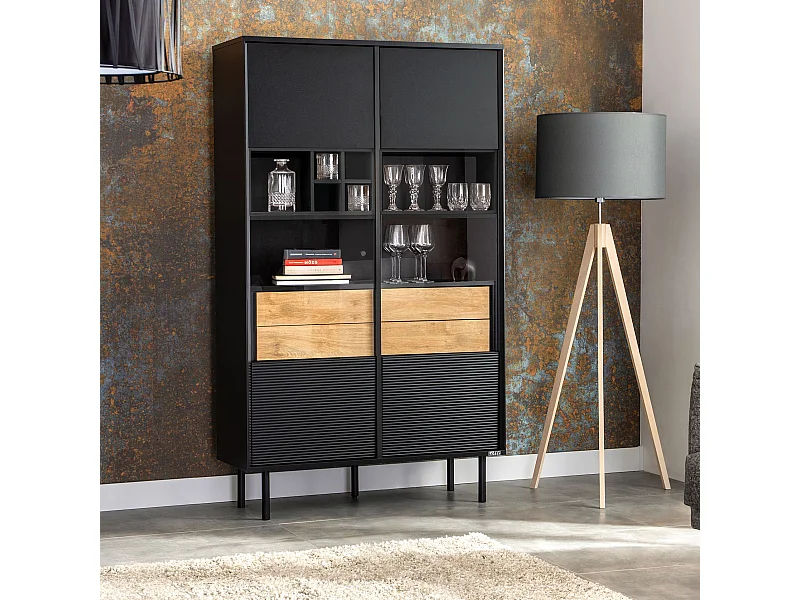 Vitrinenschränk  TV/HiFi-Einlage - schwarz / Eiche natur - LOFTY