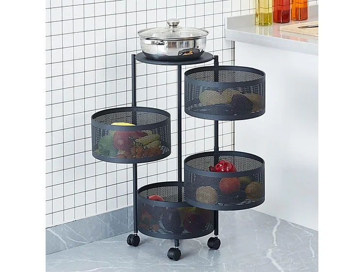 Étagère de cuisine Furnilux - Métal noir 28x28x77 cm - 4 paniers ronds