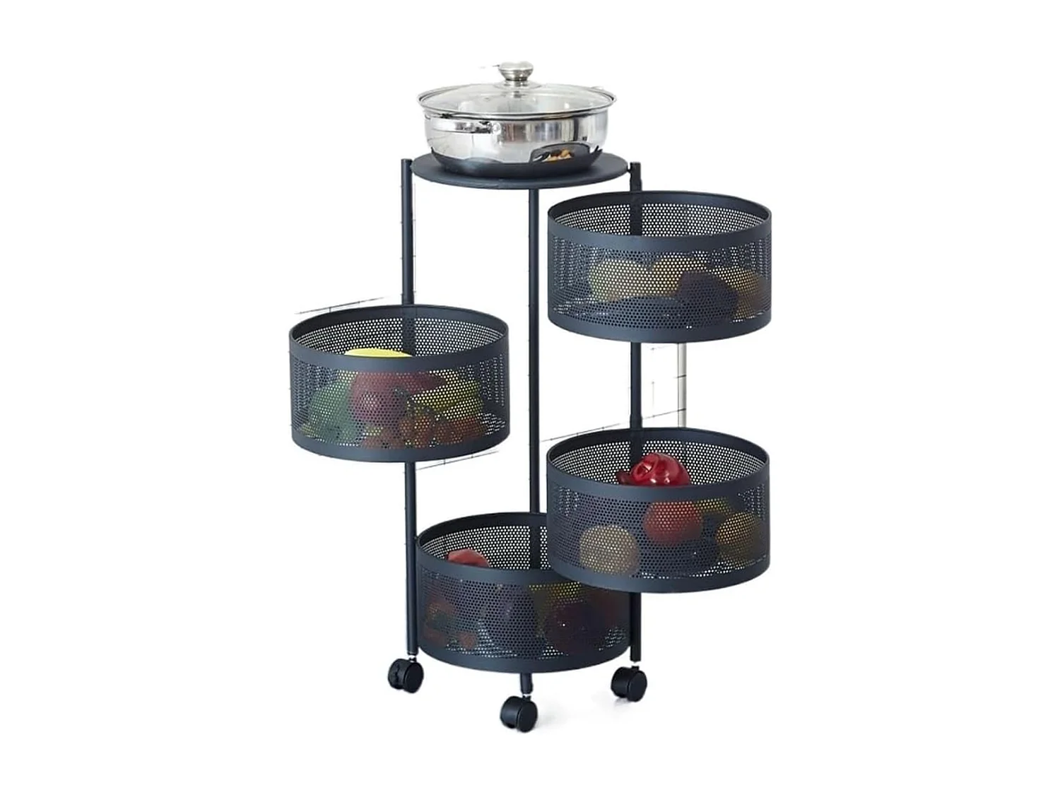 Étagère de cuisine Furnilux - Métal noir 28x28x77 cm - 4 paniers ronds