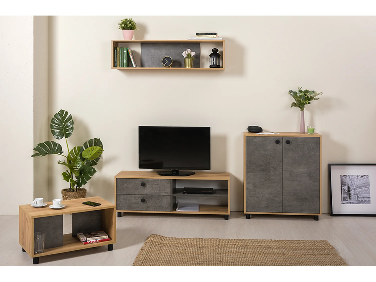 Bibliothèque murale Furnilux - Brun Gris - Design moderne