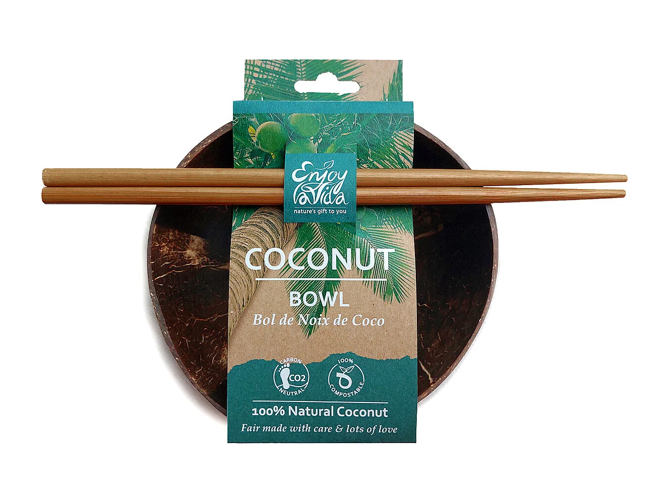 Kokoskommen met Eetstokjes - Bruin - Handgemaakt Zero Waste Set van 2