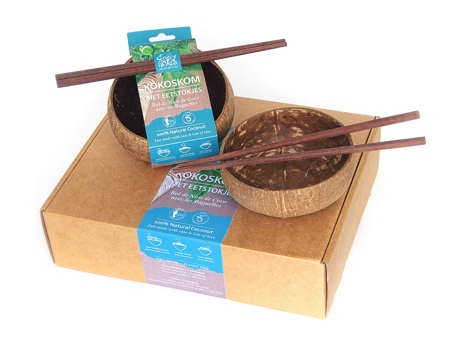 Kokoskommen met Eetstokjes - Bruin - Handgemaakt Zero Waste Set van 2