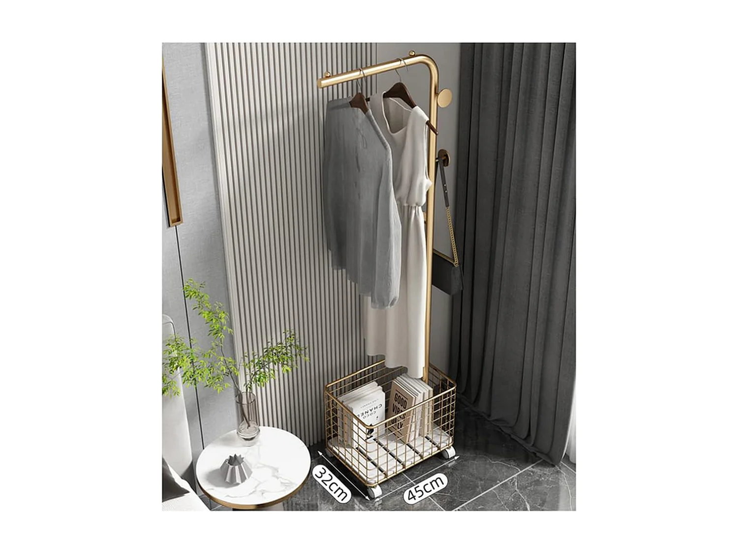 Porte-manteau métal - Doré - Panier de rangement et crochets antidérapants
