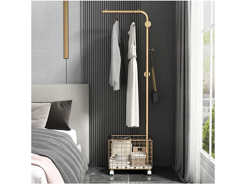 Porte-manteau métal - Doré - Panier de rangement et crochets antidérapants