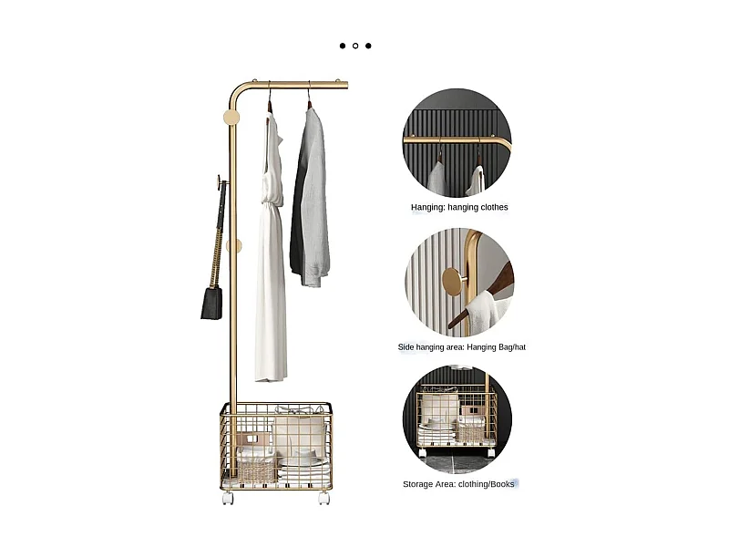 Garderobenständer Metall - Gold - mit Aufbewahrungskorb und rutschfesten Haken